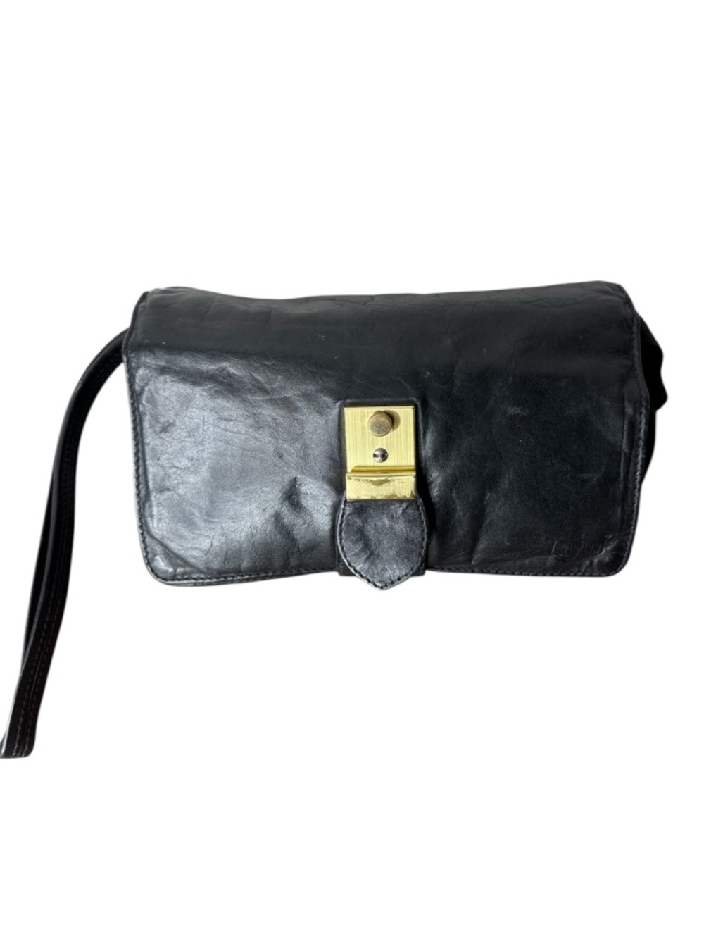 JAGUAR Vintage Black Leather Clutch Wristlet Mini Bag Zipper Gold Toned Clasp